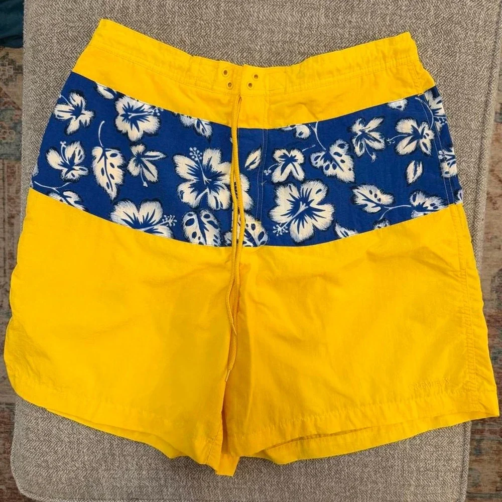 Cremieux Men's Yellow Swim Shorts W/Blue Floral Stripe Large